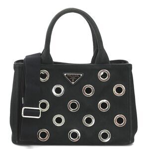 Prada Canapa Canvas Metal Shoulder Bag Black Silver